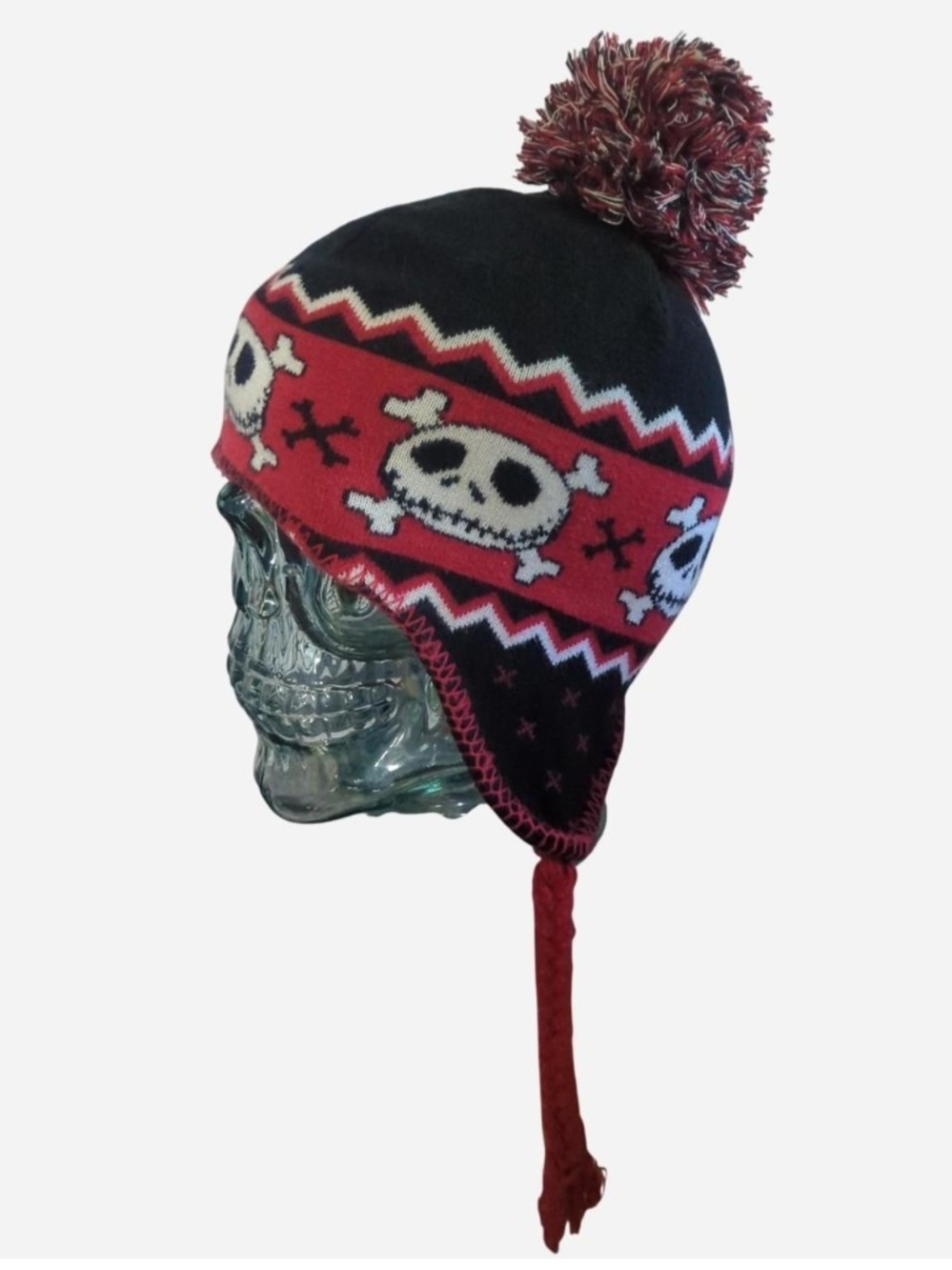 The Nightmare Before Christmas Skull Pom Pom Earflap Beanie - Black & Red